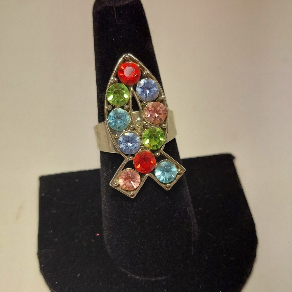 Silver Tone Christian Fish Design Ring w/ Multicolor Rainbow Rhinestones Sz. 8